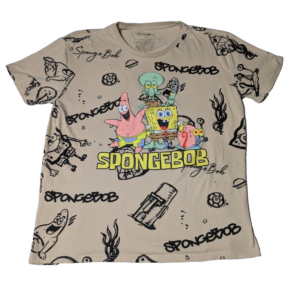NICKELODEON SPONGEBOB SQUAREPANTS & GANG Men XL Tan Cotton‎ Blend AOP T-Shirt